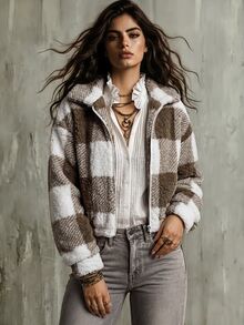 Calvaya Buffalo Plaid Print Drop Shoulder Zip Up Jacket Fall Winter Cloth For Women - Multicolor - View 1