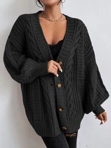 Calvaya Solid Button Front Cable Knit Cardigan,Long Sleeve Tops Fall Winter Cloth For Women - Dark Grey - View 5