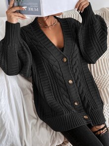 Calvaya Solid Button Front Cable Knit Cardigan,Long Sleeve Tops Fall Winter Cloth For Women - Dark Grey - View 7