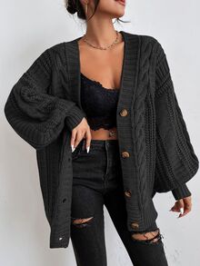 Calvaya Solid Button Front Cable Knit Cardigan,Long Sleeve Tops Fall Winter Cloth For Women - Dark Grey - View 2