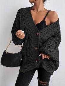 Calvaya Solid Button Front Cable Knit Cardigan,Long Sleeve Tops Fall Winter Cloth For Women - Dark Grey - View 6