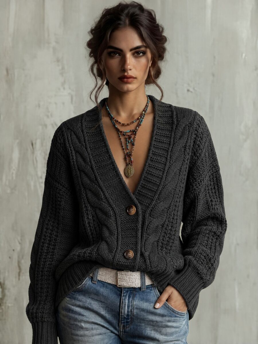 Calvaya Solid Button Front Cable Knit Cardigan,Long Sleeve Tops Fall Winter Cloth For Women - Dark Grey - View 1