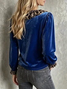 Glimmora Autumn Long Sleeve Patchwork Leopard Print T-Shirt - Blue - View 2