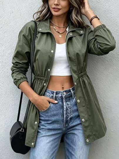 SHEIN LUNE CURVE Plus Drop Shoulder Cinched Waist Coat Club Vacation Going Out Office Army Green Autumn Casual Baggy