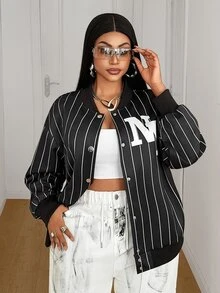 Maweii Jaket Baseball Wanita Ukuran Besar Longgar Bergaris Vertikal dengan Kerah Bergaris Huruf, Jaket Penerbangan Pendek, Pakaian Luar Kasual Jalanan, Musim Gugur/Dingin - Hitam dan Putih - View 6