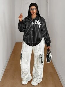 Maweii Jaket Baseball Wanita Ukuran Besar Longgar Bergaris Vertikal dengan Kerah Bergaris Huruf, Jaket Penerbangan Pendek, Pakaian Luar Kasual Jalanan, Musim Gugur/Dingin - Hitam dan Putih - View 7