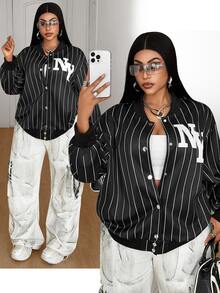 Maweii Jaket Baseball Wanita Ukuran Besar Longgar Bergaris Vertikal dengan Kerah Bergaris Huruf, Jaket Penerbangan Pendek, Pakaian Luar Kasual Jalanan, Musim Gugur/Dingin - Hitam dan Putih - View 1