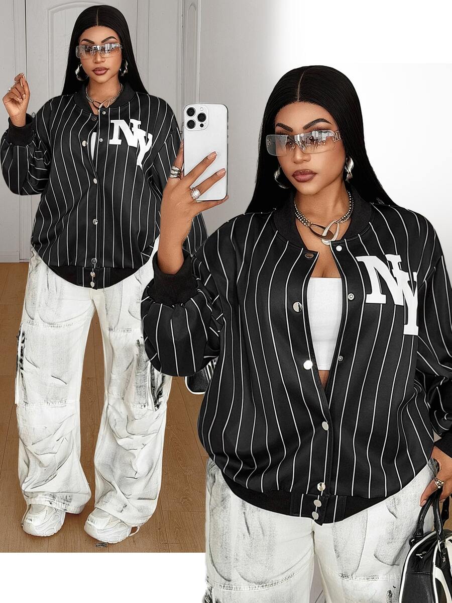 Maweii Jaket Baseball Wanita Ukuran Besar Longgar Bergaris Vertikal dengan Kerah Bergaris Huruf, Jaket Penerbangan Pendek, Pakaian Luar Kasual Jalanan, Musim Gugur/Dingin - Hitam dan Putih - View 1