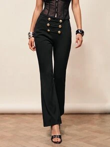 Rina Fox Celana Panjang Wanita Model Flare Elegan dengan Kancing Logam di Pinggang, Warna Polos - Hitam - View 7