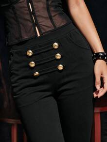 Rina Fox Celana Panjang Wanita Model Flare Elegan dengan Kancing Logam di Pinggang, Warna Polos - Hitam - View 4