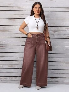 EMERY ROSE Plus Size Casual 1970s Vintage Everyday Washed Button Fly Wide Leg Jeans, Summer Everyday Shades Of Brown - Coffee Brown - View 6