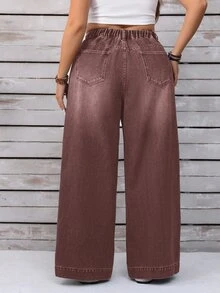 EMERY ROSE Plus Size Casual 1970s Vintage Everyday Washed Button Fly Wide Leg Jeans, Summer Everyday Shades Of Brown - Coffee Brown - View 3