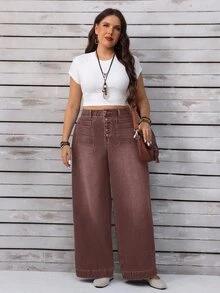 EMERY ROSE Plus Size Casual 1970s Vintage Everyday Washed Button Fly Wide Leg Jeans, Summer Everyday Shades Of Brown - Coffee Brown - View 8