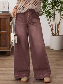 EMERY ROSE Plus Size Casual 1970s Vintage Everyday Washed Button Fly Wide Leg Jeans, Summer Everyday Shades Of Brown - Coffee Brown - View 1