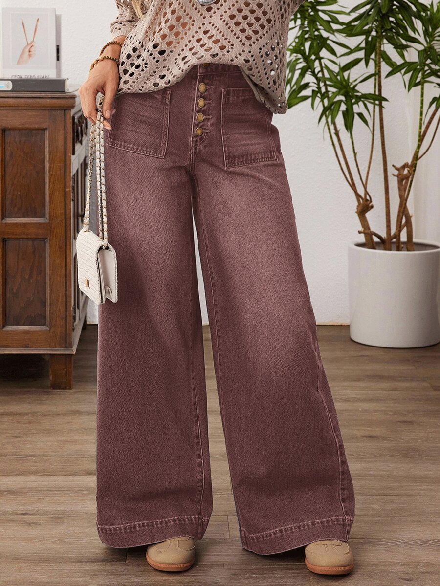 EMERY ROSE Plus Size Casual 1970s Vintage Everyday Washed Button Fly Wide Leg Jeans, Summer Everyday Shades Of Brown - Coffee Brown - View 1