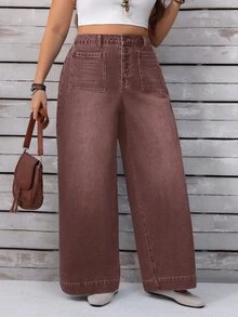 EMERY ROSE Plus Size Casual 1970s Vintage Everyday Washed Button Fly Wide Leg Jeans, Summer Everyday Shades Of Brown - Coffee Brown - View 7