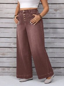 EMERY ROSE Plus Size Casual 1970s Vintage Everyday Washed Button Fly Wide Leg Jeans, Summer Everyday Shades Of Brown - Coffee Brown - View 9