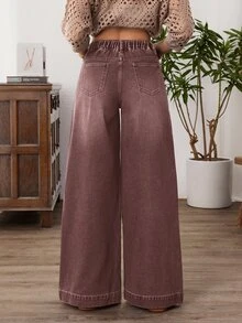 EMERY ROSE Plus Size Casual 1970s Vintage Everyday Washed Button Fly Wide Leg Jeans, Summer Everyday Shades Of Brown - Coffee Brown - View 4