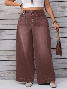 EMERY ROSE Plus Size Casual 1970s Vintage Everyday Washed Button Fly Wide Leg Jeans, Summer Everyday Shades Of Brown - Coffee Brown - View 5