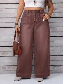 EMERY ROSE Plus Size Casual 1970s Vintage Everyday Washed Button Fly Wide Leg Jeans, Summer Everyday Shades Of Brown - Coffee Brown - View 2