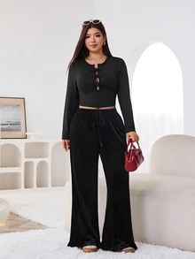 Solflare Plus Size Casual Versatile Solid Color Wide Leg Pants Winter - Black - View 7