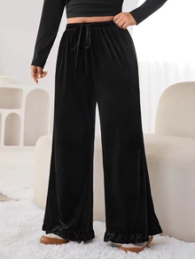 Solflare Plus Size Casual Versatile Solid Color Wide Leg Pants Winter - Black - View 5