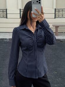 Siren Gaze 白色V領女款秋季收腰純欲風上衣，純色百褶鈕扣長袖襯衫，白色領女裝襯衫 - 藏蓝色 - 查看 8