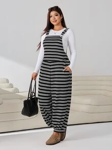 Solflare Striped Casual Women's Plus Size Jumpsuit - Black and White - View 8