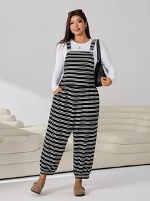 Solflare Striped Casual Women's Plus Size Jumpsuit - Black and White - View 10