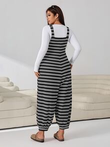 Solflare Striped Casual Women's Plus Size Jumpsuit - Black and White - View 4