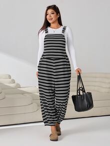 Solflare Striped Casual Women's Plus Size Jumpsuit - Black and White - View 6