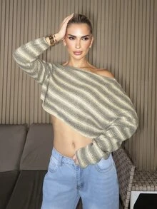 Luzma Cabello Luzma Cabello Women's Casual Striped Asymmetric Neck Long Sleeve Blouse, Minimalist Style For Daily Wear - Green - View 1