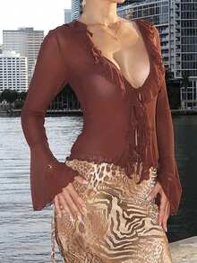 Luzma Cabello Luzma Cabello Ruffle Trim Flare Sleeve Knot Front Lettuce Trim Mesh Top - Chocolate Brown - View 6