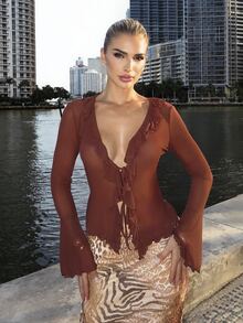 Luzma Cabello Luzma Cabello Ruffle Trim Flare Sleeve Knot Front Lettuce Trim Mesh Top - Chocolate Brown - View 1
