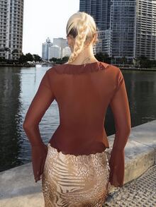 Luzma Cabello Luzma Cabello Ruffle Trim Flare Sleeve Knot Front Lettuce Trim Mesh Top - Chocolate Brown - View 2