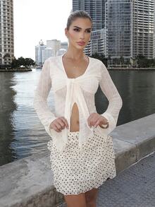 Luzma Cabello Luzma Cabello V-Neck Tie Flare Sleeve Textured Fabric Long Sleeve Casual Top For Vacation - Beige - View 1