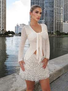 Luzma Cabello Luzma Cabello V-Neck Tie Flare Sleeve Textured Fabric Long Sleeve Casual Top For Vacation - Beige - View 3