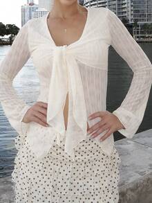 Luzma Cabello Luzma Cabello V-Neck Tie Flare Sleeve Textured Fabric Long Sleeve Casual Top For Vacation - Beige - View 5