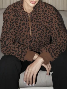Luzma Cabello Luzma Cabello Women Casual Zip Up Front Long Sleeve Leopard Print Sweatshirt,Fall Clothes - Brown - View 3