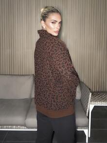 Luzma Cabello Luzma Cabello Women Casual Zip Up Front Long Sleeve Leopard Print Sweatshirt,Fall Clothes - Brown - View 2