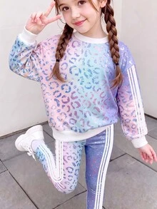 Young Girl Leopard Print Long Sleeve Sweatshirt And Leggings Casual Set - Multicolor - View 1