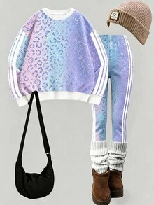Young Girl Leopard Print Long Sleeve Sweatshirt And Leggings Casual Set - Multicolor - View 2