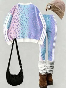 Young Girl Leopard Print Long Sleeve Sweatshirt And Leggings Casual Set - Multicolor - View 4