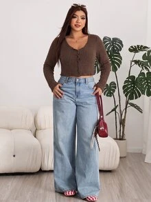 Solflare Plus Size Women Solid Color Casual Versatile Daily Long Sleeve T-Shirt Fall - Brown - View 4