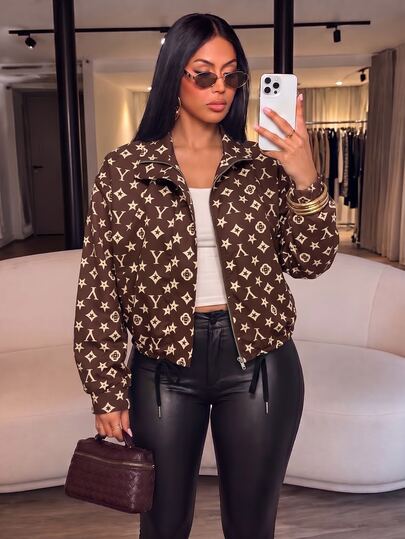 SOLERSUN جاكيت كاجوال نسائي للربيع/الخريف بطبعة زهور بنية داكنة، سحاب أمامي، ياقة واقفة، أكمام طويلة، حاشية قابلة للتعديل برباط، للاستخدام اليومي