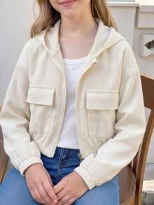 SHEIN Tween Girls Gray Long Sleeve Casual Versatile Solid Color Hooded Zip Up Jacket, Fall, Minimalist, Back To School, For Girls, Outfit - Apricot - View 5
