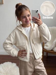 SHEIN Tween Girls Gray Long Sleeve Casual Versatile Solid Color Hooded Zip Up Jacket, Fall, Minimalist, Back To School, For Girls, Outfit - Apricot - View 3
