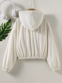 SHEIN Tween Girls Gray Long Sleeve Casual Versatile Solid Color Hooded Zip Up Jacket, Fall, Minimalist, Back To School, For Girls, Outfit - Apricot - View 4