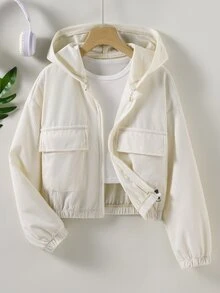 SHEIN Tween Girls Gray Long Sleeve Casual Versatile Solid Color Hooded Zip Up Jacket, Fall, Minimalist, Back To School, For Girls, Outfit - Apricot - View 6