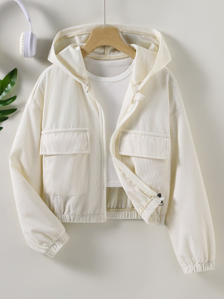 SHEIN Tween Girls Gray Long Sleeve Casual Versatile Solid Color Hooded Zip Up Jacket, Fall, Minimalist, Back To School, For Girls, Outfit - Apricot - View 5